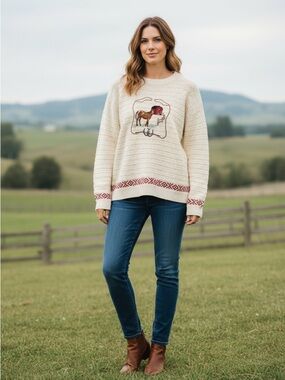 Vintage Cabela’s Horse Embroidered Sweater in Cream Size Medium